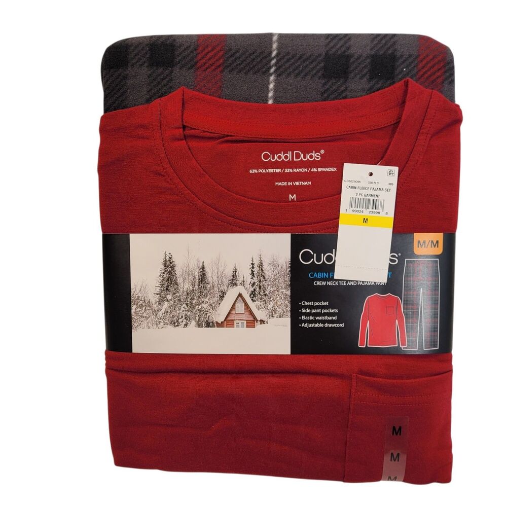 Men's Cuddl Duds Cabin Fleece Pajama Pants Set Black/Red Plaid Size Medium